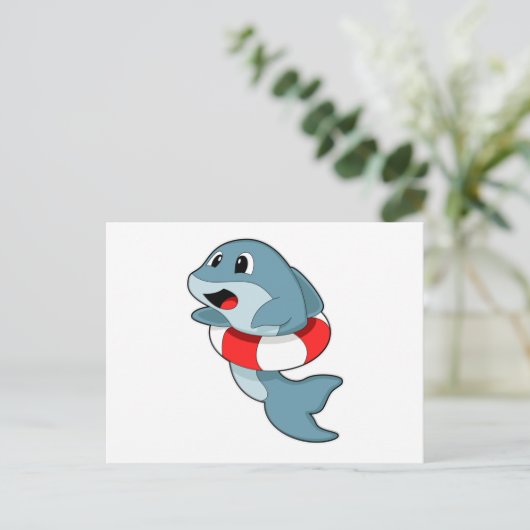 Dolfijn bij zwemmen met zwemring briefkaart (Staand voorkant)