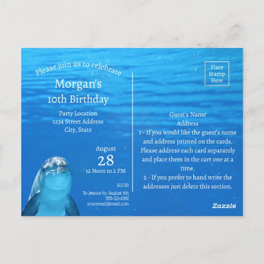 Dolfijn Blauwe Oceaan 10e Verjaardagsfeestuitnodig Briefkaart (Achterkant)