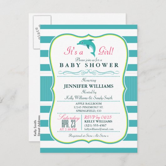 Dolfijn, Elegant, Nautisch Thema Baby shower Uitnodiging Briefkaart (Voorkant / Achterkant)