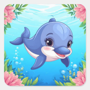 Dolfijn En Bloemen Voor Oceaanliefhebbers Vierkante Sticker