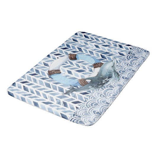 Dolfijn en reddingsboei op maritiem patroon badmat (Gekanteld)