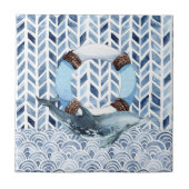 Dolfijn en reddingsboei op maritiem patroon tegeltje (Voorkant)