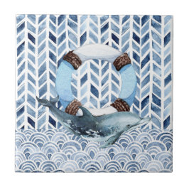 Dolfijn en reddingsboei op maritiem patroon tegeltje