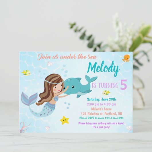 Dolfijn en zeemeermin verjaardagsuitnodiging Onder Kaart (Staand voorkant)