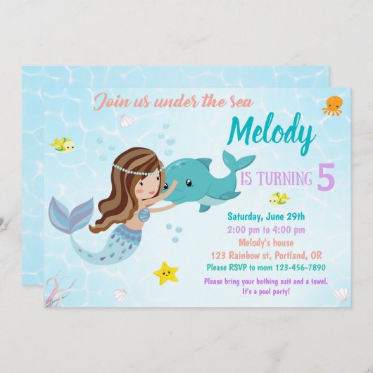 Dolfijn en zeemeermin verjaardagsuitnodiging Onder Kaart (Voorkant / Achterkant)