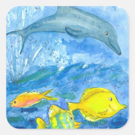 Dolfijn Gele Tang Tropische Vis Vierkante Sticker (Voorkant)