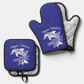Dolfijn-Hawaiiaanse-visser Core-Blue Ovenwant & Pannenlap Set (Voorkant / Achterkant)