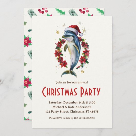 Dolfijn in een kerstmuts Poinsettias kerstfeest Kaart (Voorkant / Achterkant)