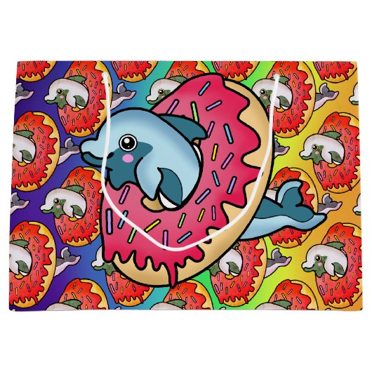 dolfijn in roze donut met regenboogtinten groot cadeauzakje (Voorkant)