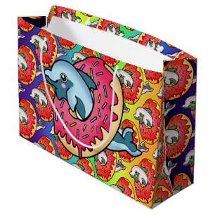 dolfijn in roze donut met regenboogtinten groot cadeauzakje