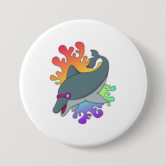Dolfijn in zwemmen met zwembril ronde button 7,6 cm (Voorkant)