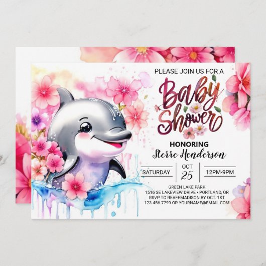 Dolfijn Kisses Meisje Baby shower Uitnodiging (Voorkant / Achterkant)