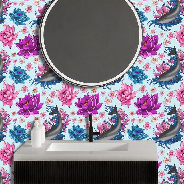 Dolfijn Lotus Bloemen Kersenbloesem Behang (Creator heeft geüpload)