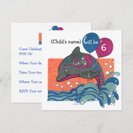 Dolfijn met ballonnen 6e verjaardag Uitnodiging (Voorkant / Achterkant)