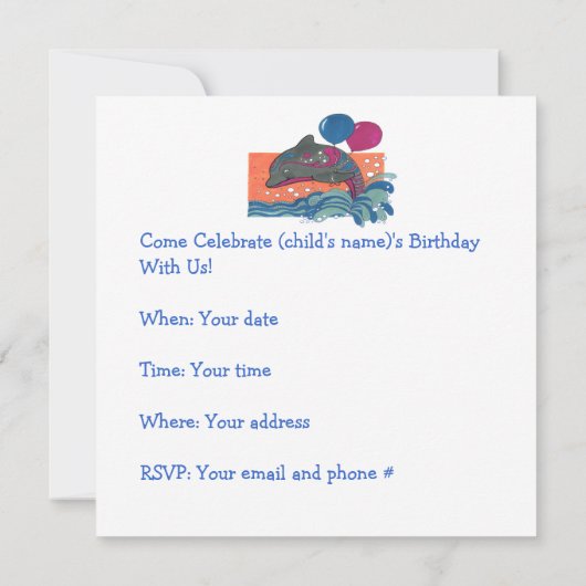 Dolfijn met ballonnen 6e verjaardag Uitnodiging (Achterkant)