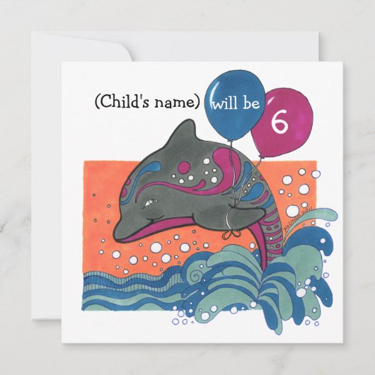 Dolfijn met ballonnen 6e verjaardag Uitnodiging (Voorkant)