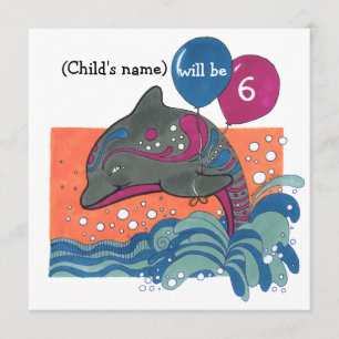 Dolfijn met ballonnen 6e verjaardag Uitnodiging