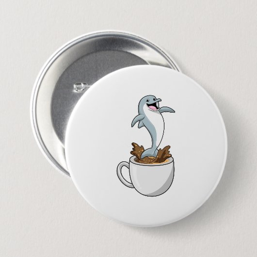 Dolfijn met beker koffie ronde button 7,6 cm (Voorkant /achterkant)
