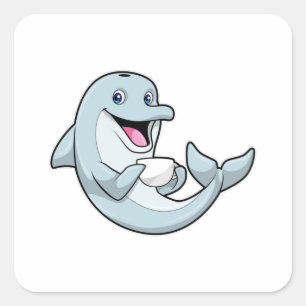 Dolfijn met beker koffie vierkante sticker