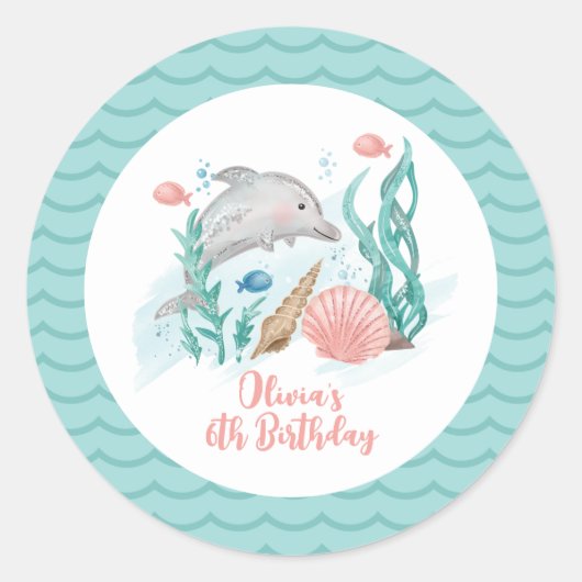 Dolfijn onder het Zee Birthday Ronde Sticker (Voorkant)