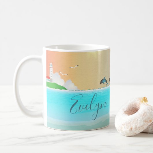 Dolfijn op het strand koffiemok (Met donut)
