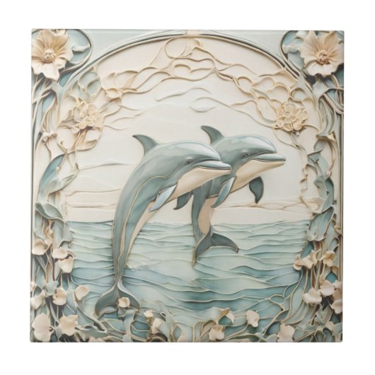 Dolfijn paar Art Nouveau Faux Relief Mint Blauw Tegeltje (Voorkant)