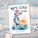 Dolfijn Santa Merry Flippin' Christmas Beach Feestdagenkaart<br><div class="desc">Deel wat vakantie humor en uw "Merry Flippin' Christmas" groeten met deze nautische waterverf kaart met een vrolijke dolfijn in een Santa hat flipping zijn staart en spetteren in het zee. Perfect voor mensen die houden van het strand en de zee wezens. Kunst van KL Stock</div>