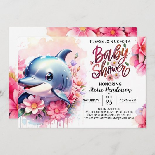 Dolfijn Speeltuin Meisje Baby shower Uitnodiging (Voorkant / Achterkant)