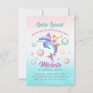 Dolfijn Splish Splash Girl Verjaardag Uitnodiging