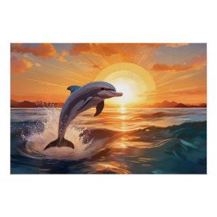 Dolfijn springt bij zonsondergang op de oceaan perfect poster