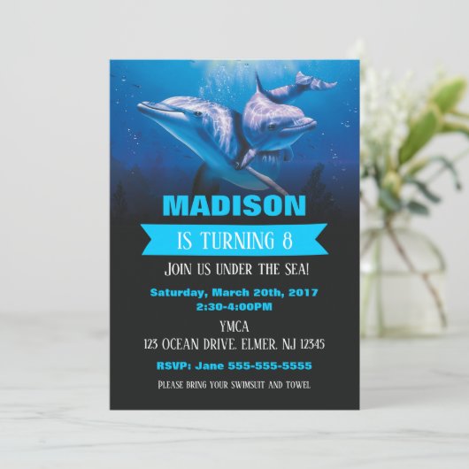 Dolfijn Verjaardag Uitnodiging Pool Party Uitnodig (Staand voorkant)