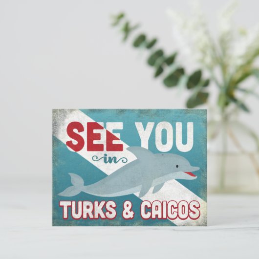 Dolfijn voor Turks- en Caicoseilanden - Retro Vint Briefkaart (Staand voorkant)