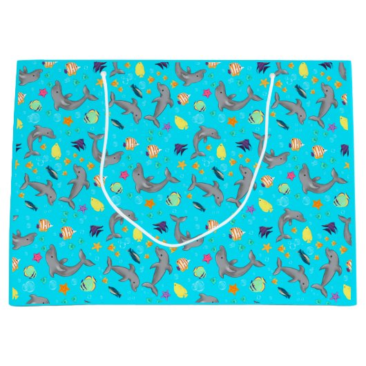 Dolfijn Zomer Kinder Blauwe Verjaardag Gift Bag Groot Cadeauzakje (Voorkant)