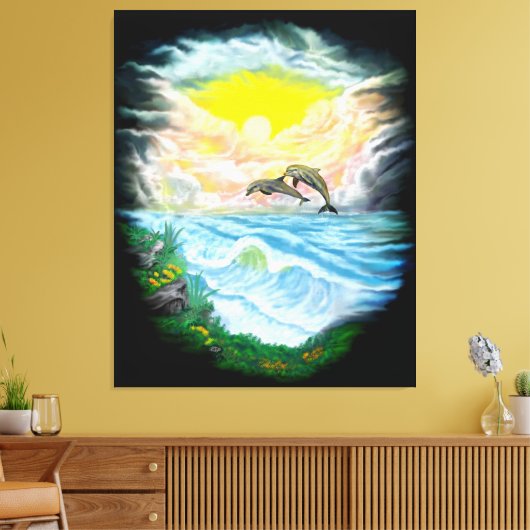 Dolfijnen afspelen in de zon canvas afdruk (Insitu (Woonkamer))