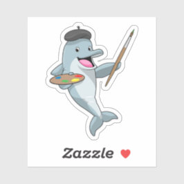 Dolfijnen als schilder met penseel en kleur verf sticker