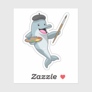 Dolfijnen als schilder met penseel en kleur verf sticker