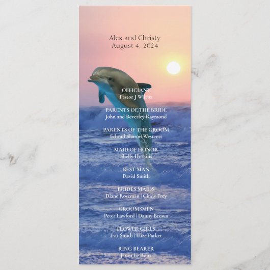 Dolfijnen bij zonsopgang strand bruiloft programma programmakaart (Achterkant)