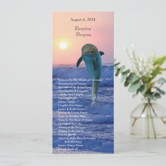 Dolfijnen bij zonsopgang strand bruiloft programma programmakaart (Staand voorkant)