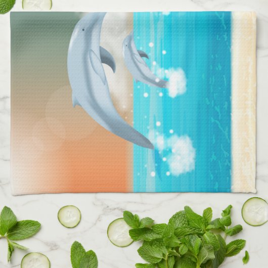 dolfijnen die in de oceaan breken theedoek (Gevouwen)