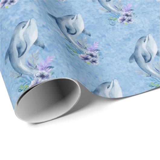 Dolfijnen en bloemen op blauw cadeaupapier (Rol Hoek)