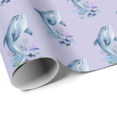 Dolfijnen en bloemen op Paars Cadeaupapier (Rol Hoek)