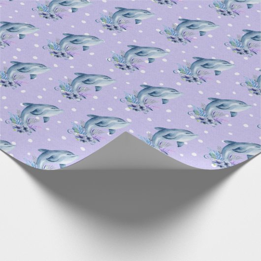 Dolfijnen en bloemen op pokadots cadeaupapier (Hoek)