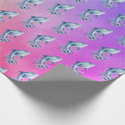 Dolfijnen en bloemen op regenboog achtergrond cadeaupapier (Hoek)