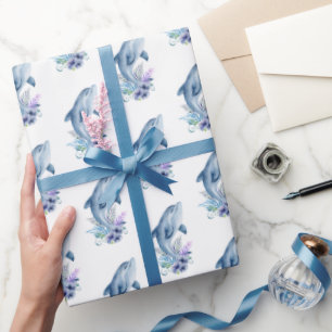 Dolfijnen en Bloemen Op Wit Cadeaupapier