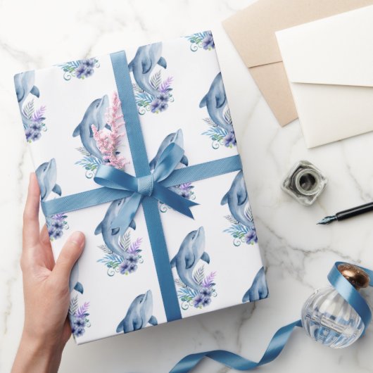 Dolfijnen en Bloemen Op Wit Cadeaupapier (Geschenken)