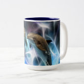 Dolfijnen en fractale kristallen tweekleurige koffiemok (Voorkant rechts)