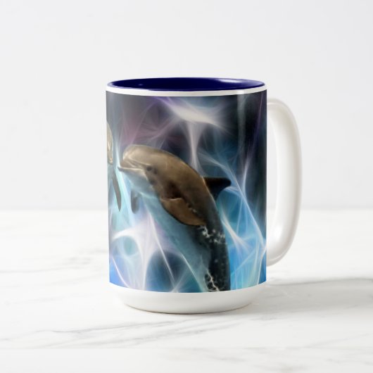 Dolfijnen en fractale kristallen tweekleurige koffiemok (Voorkant rechts)