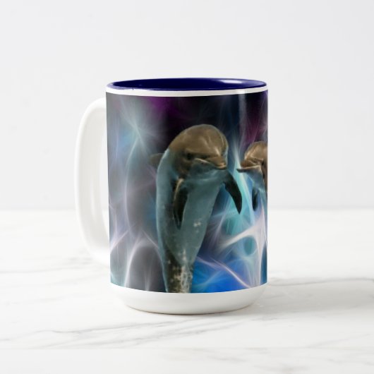 Dolfijnen en fractale kristallen tweekleurige koffiemok (Voorkant links)