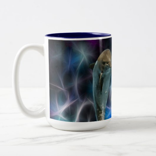 Dolfijnen en fractale kristallen tweekleurige koffiemok (Links)