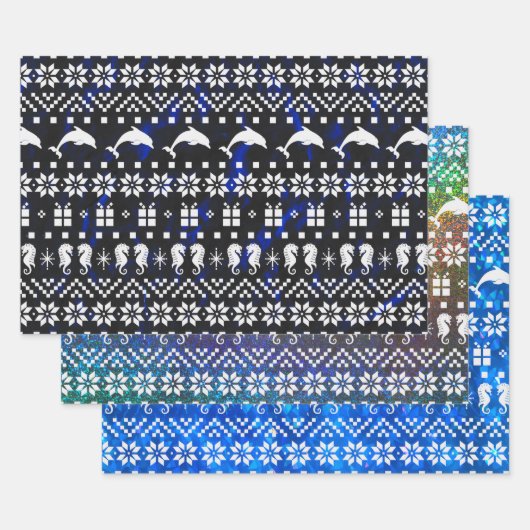 Dolfijnen en Seapaarden Blue Kerstmis gevlekt Inpakpapier Vel (Set)